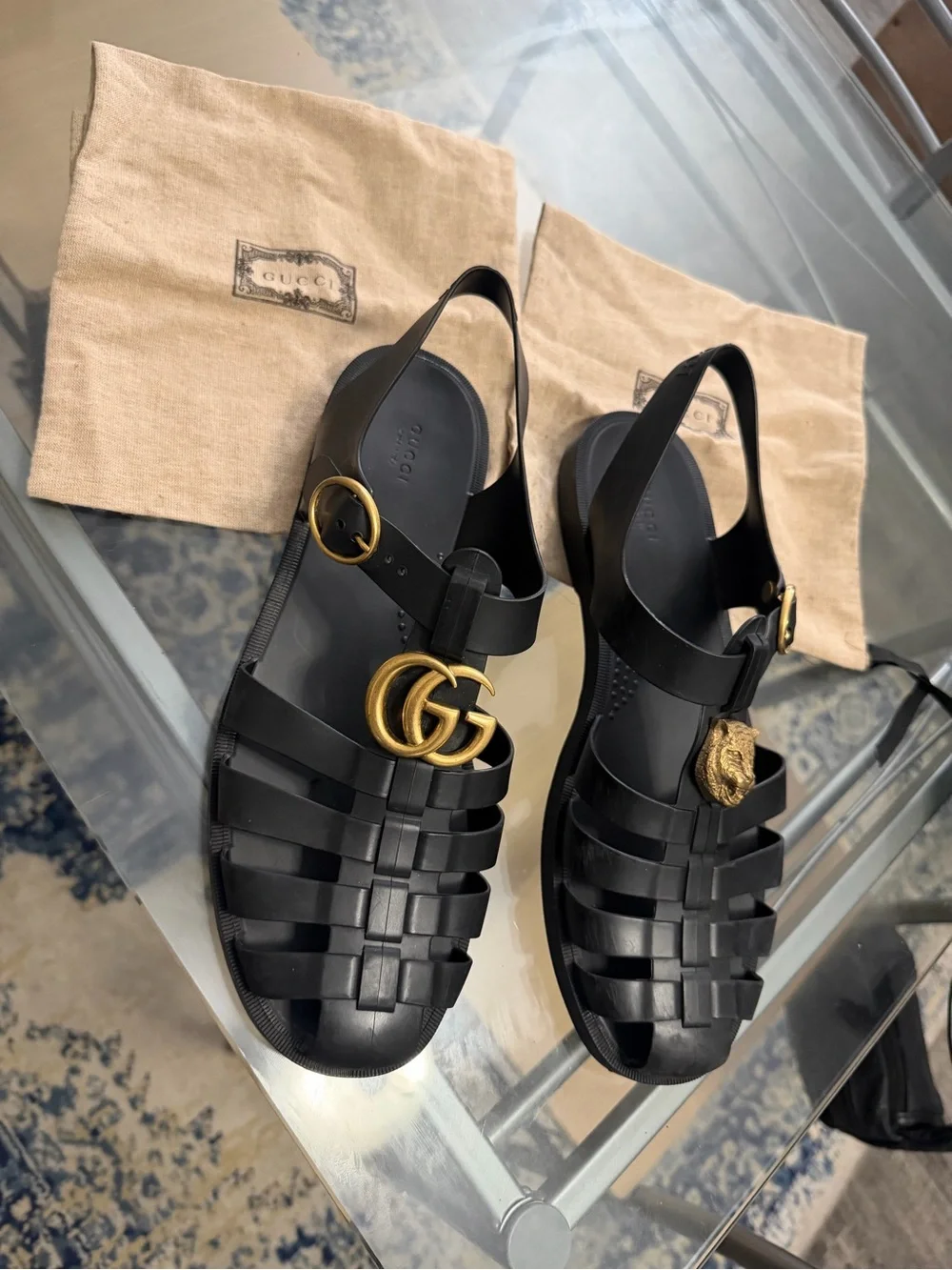 Gucci Black Jelly Fisherman Sandals with Gold GG & Cat Hardware